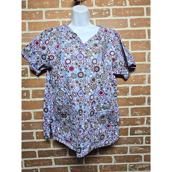 Cottonality‎ Natural Comfort Scrub Top Short Sleeve Sz S Blue Bubbly Slip On - Picture 2 of 9